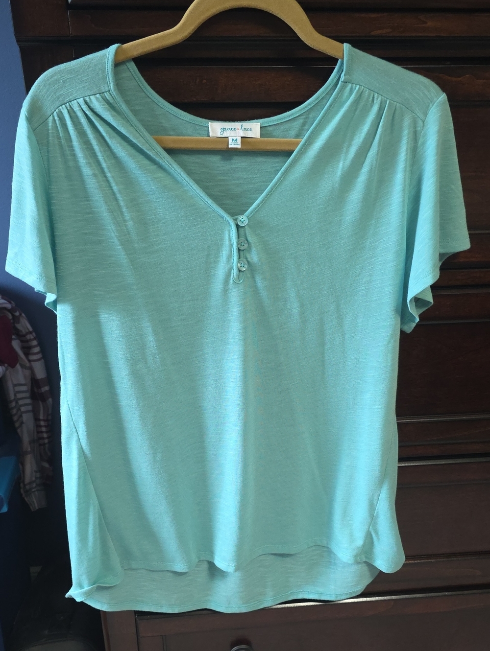 Grace & Lace Mint Short Sleeve V-Neck Henley Top